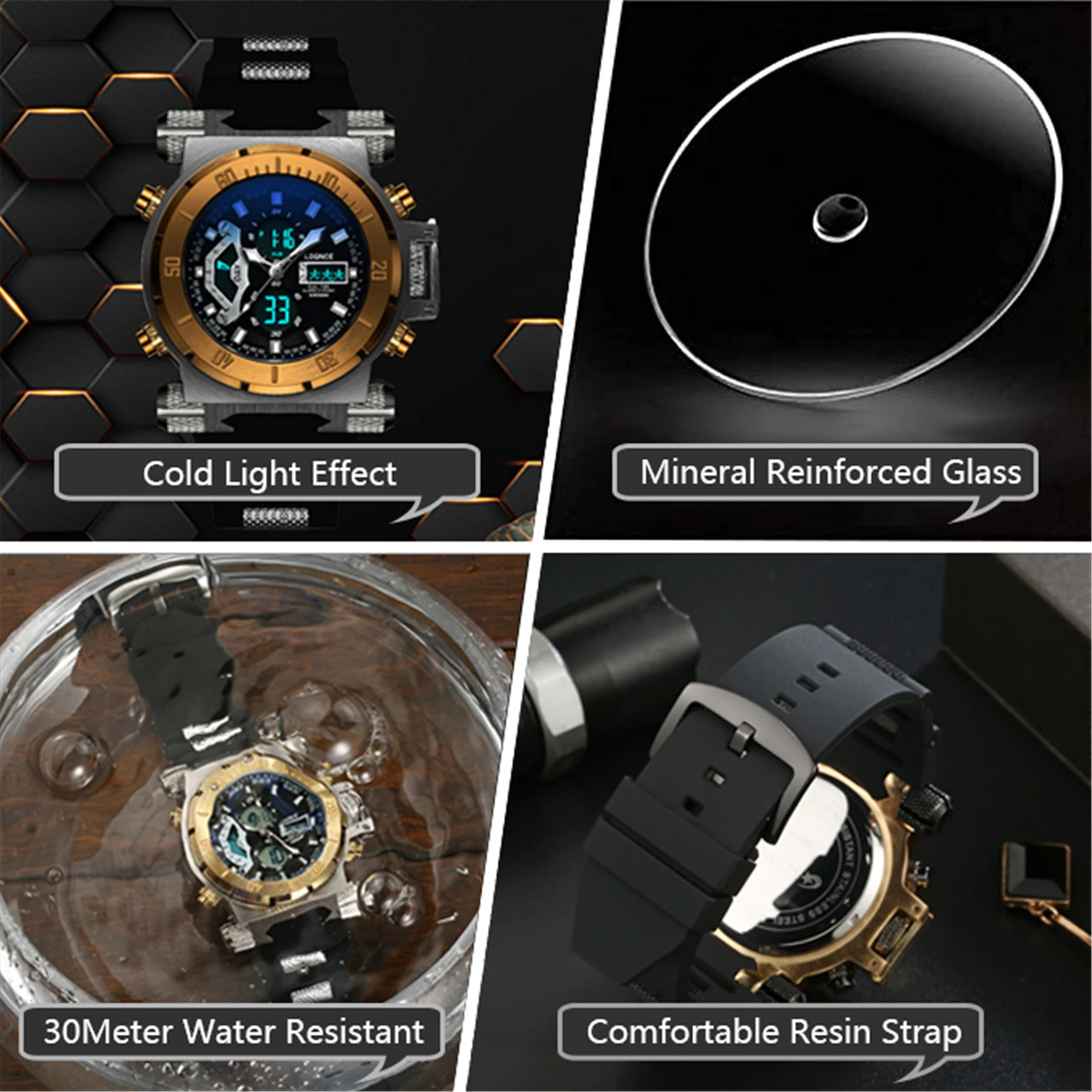 LOQNCE S8022 New Men\'s Watch Quartz Electronic Dual Movement Alarm Clock Calendar Week Multifunctional Waterproof Men\'s Watch