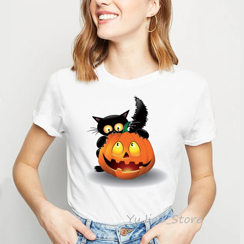 Harajuku kawaii cat pumpkin animal print tee shirt femme halloween tshirt abbigliamento estivo donna 2021 top camiseta streetwear