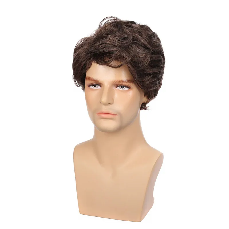 Mens Brown Short Wavy Synthetic Wig Shaggy Style Layered Cosplay Daily Male Wig Heat Resistant Fiber