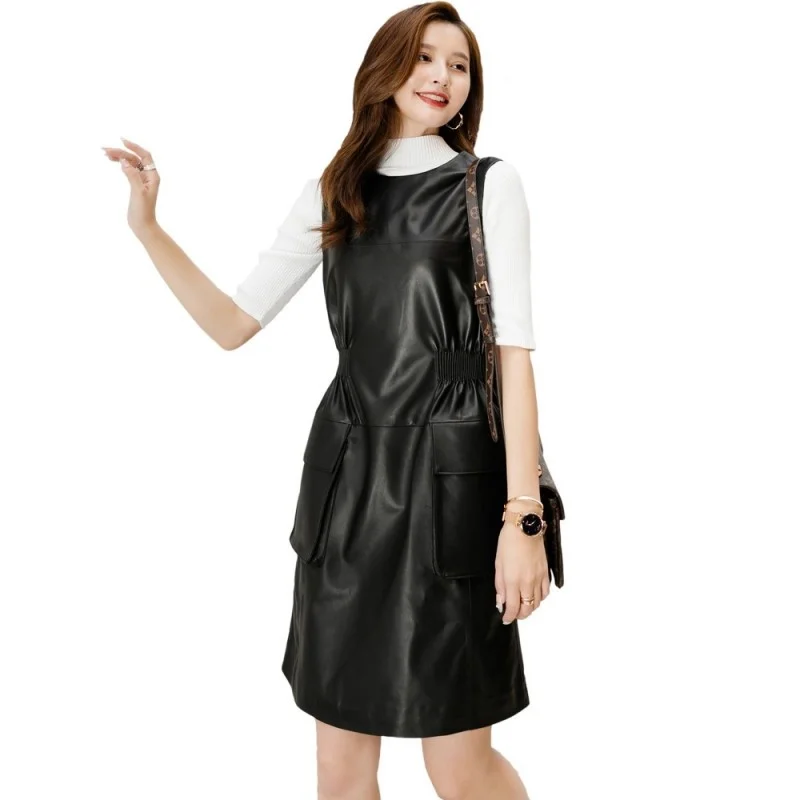 O-Neck Women Office A-Line Dress Street Folds Elastic Waist Sheepskin Tank Dress Spring Autumn Casual Knee Length Dress Women