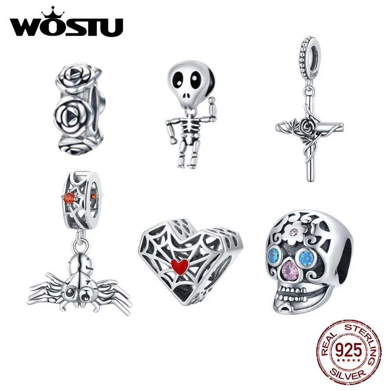 WOSTU 925 Sterling Silver Dark Style Witch Hat Skull Skeleton Spider Cross Charm Charm Beads Fit Original Bracelet DIY Jewelry