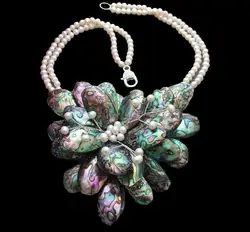 Y·YING 2 Strands Freshwater White Pearl Abalone Shell Flower Statement Necklace