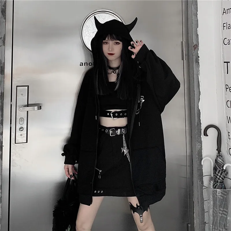 Ruibbit Spring Autumn Women Harajuku Punk Gothic Girls Black Devil Horn Hoodies Sweatshirt Hooded  Japanese Hip Pop Plus Size