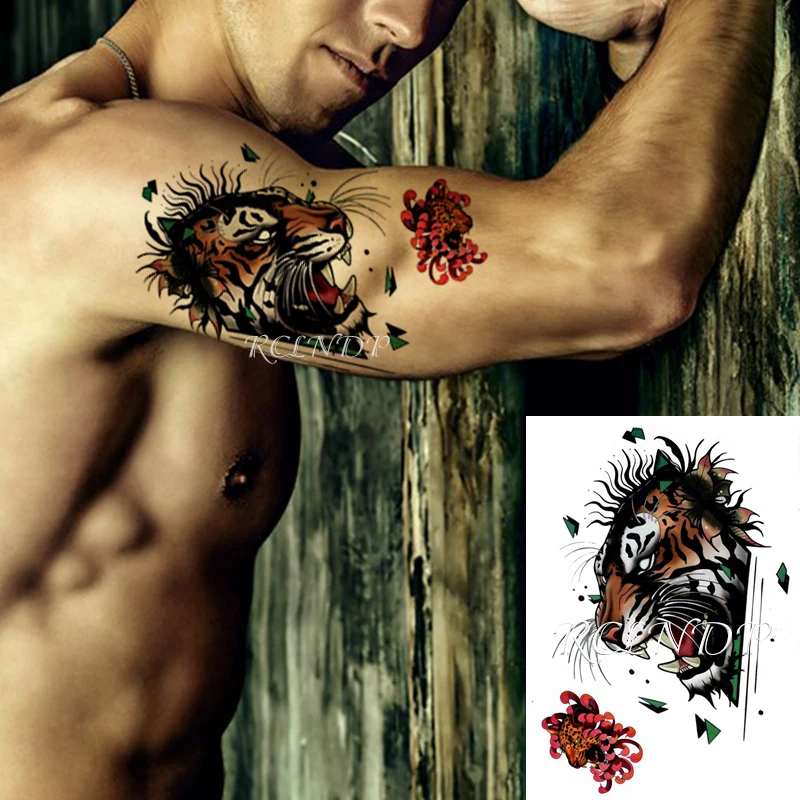 Waterproof Temporary Tattoo Sticker Roaring Tiger Leopard Equinox Flower Fake Tatto Flash Tatoo Hand Arm Art for Women Men