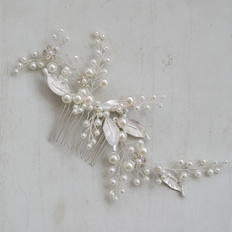 Gold Silver Color Pearls Hair Piece Bridal Comb Leaf Headpiece Handmade Wedding Accessories Women Hair Ornament