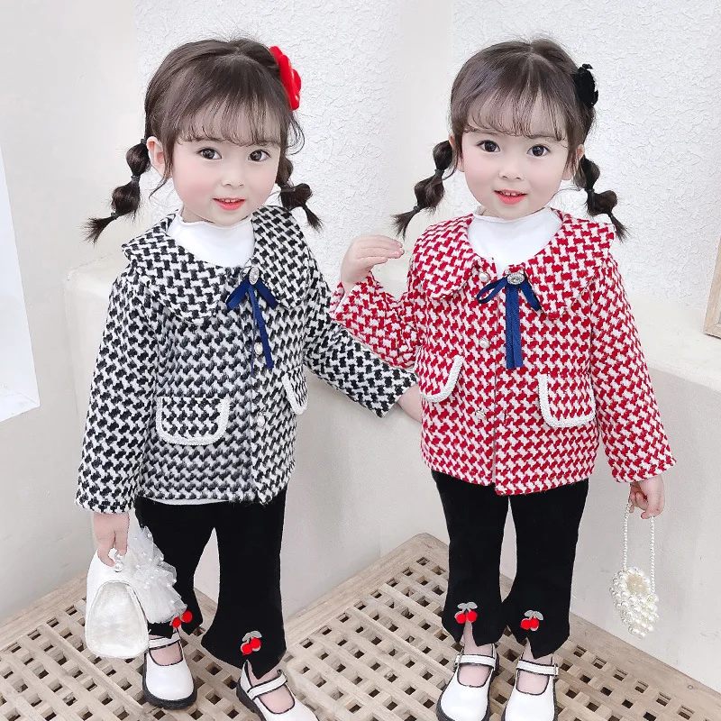 

Fashion Girls Plaid Jacket 3Pcs Suits 2022 New Spring White Bottoming Shirt+Jacket+Black Flared Pants Cute Girl Outfits