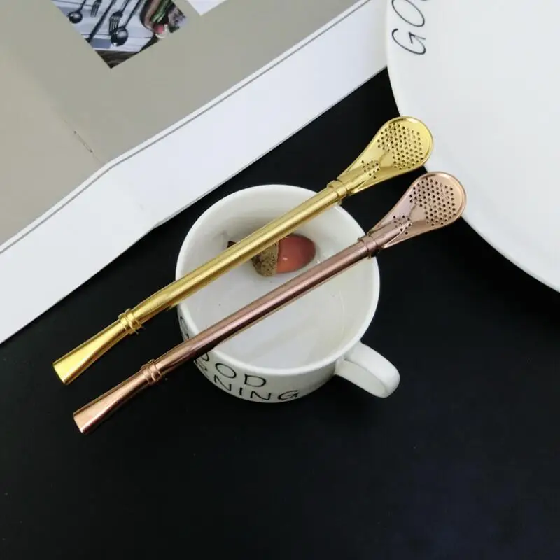 New Kitchen Bar Tool 15.5CM Stainless Steel Yerba Filter Drinking Straw Milk Tea Coffee Stirred Straw Spoon LX8452