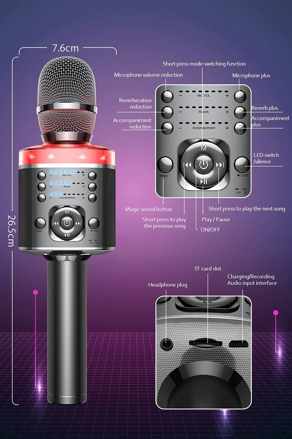 Wireless Karaoke Microphone with Magic Sound LED Lights for Home Party Portable Mic Speaker Rose Gold Singing Machine