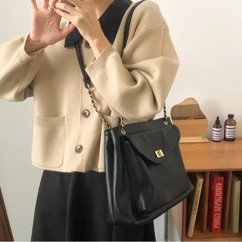 Eleganti borse a tracolla retrò da donna borsa a tracolla nera di grande capacità catena semplice Chic minimalista in pelle PU ascellare da donna