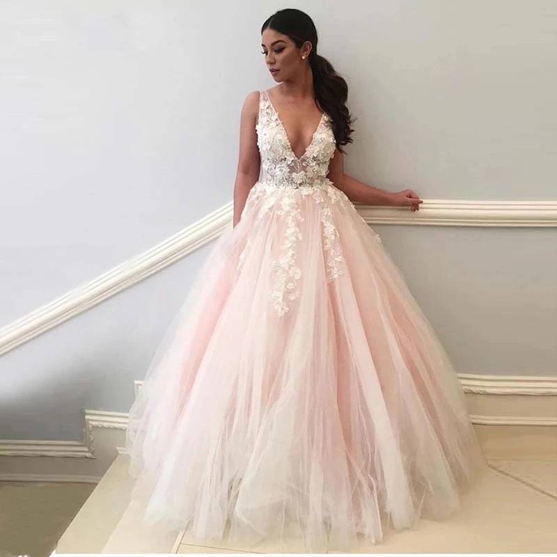 

Angelsbridep Tulle Ball Gown Wedding Dress Vestido De Noiva Sexy Deep V-Neck Appliques Floor-Length Plus Size Formal Bride Gowns