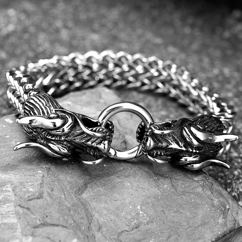 Trend Gothic Punk Dragon Heads Men‘s Bracelets Stainless Steel Link Chain Bracelet Rock Metal Boy Naga Dragon Head Bracelet Hot