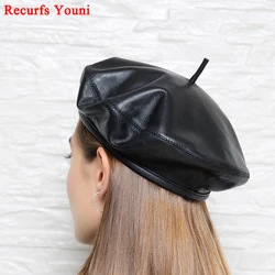 Europe/America Fashion Genuine Leather Beret Caps Women Female Retro Black 54-59 cm Fitted Painter Hat Mujer Streetwear Beanie