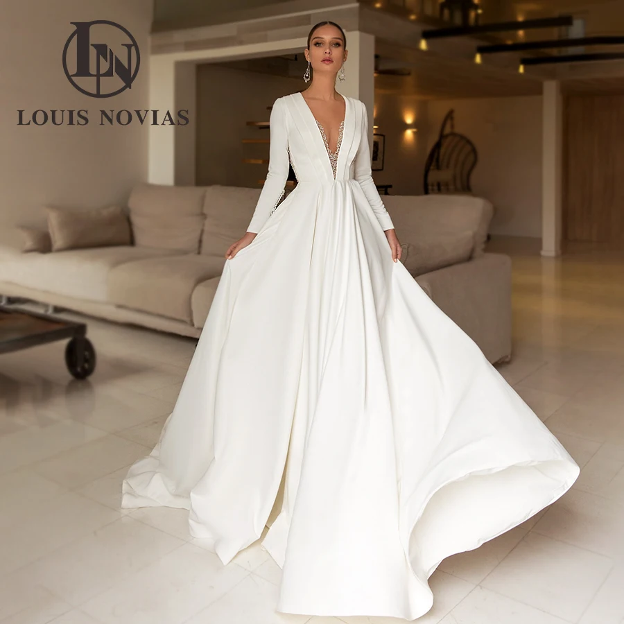 LOUIS NOVIAS ชุดแต่งงานแขนยาวผู้หญิง Backless ลูกปัดคริสตัล V คอชุดเจ้าสาวซาติน A-Line Vestidos De Novia