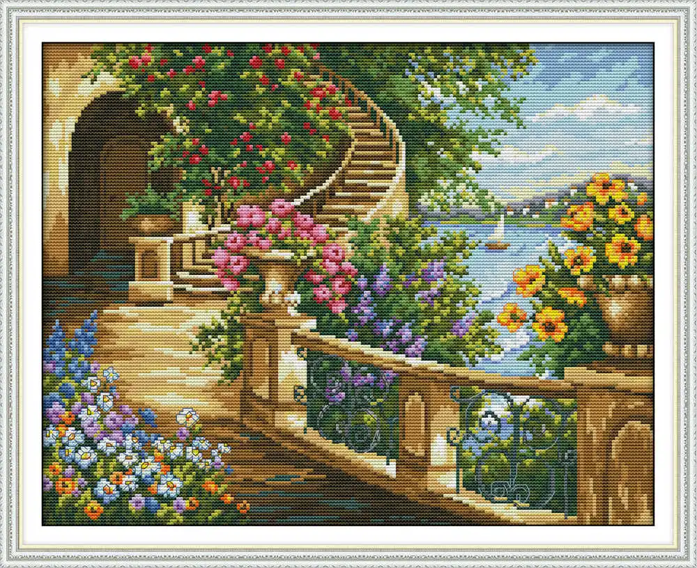 Stairway to Heaven Seaside Flowers Top Quality Cross Stitch Kits 14CT Unprinted Sewing Kit Embroidered Art Handmade Home Decor