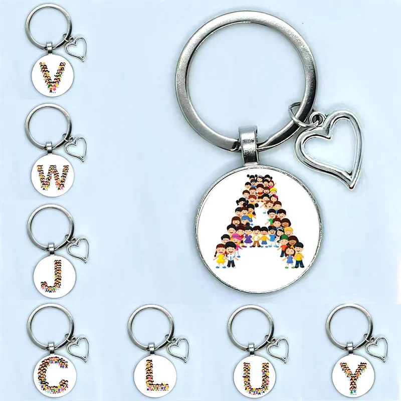

2021 New Personality Cute Cartoon Kids A-Z Letter Love Keychain Fashion Key Ring Glass Cabochon Fashion Jewelry High Quality Car