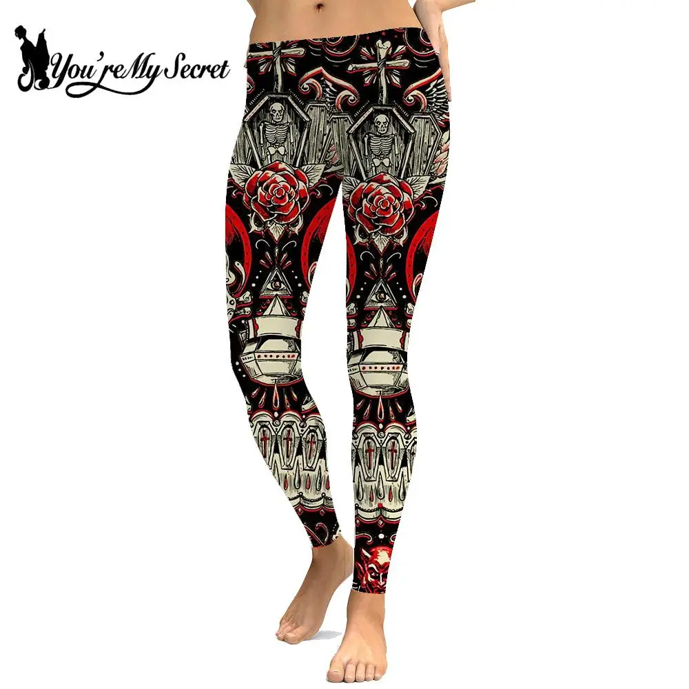 [You\'re My Secret] Women\'s Gothic Mid Waist Leggings Skull Printed Trousers Sexy Female Casual Streetwear Elastic Pants