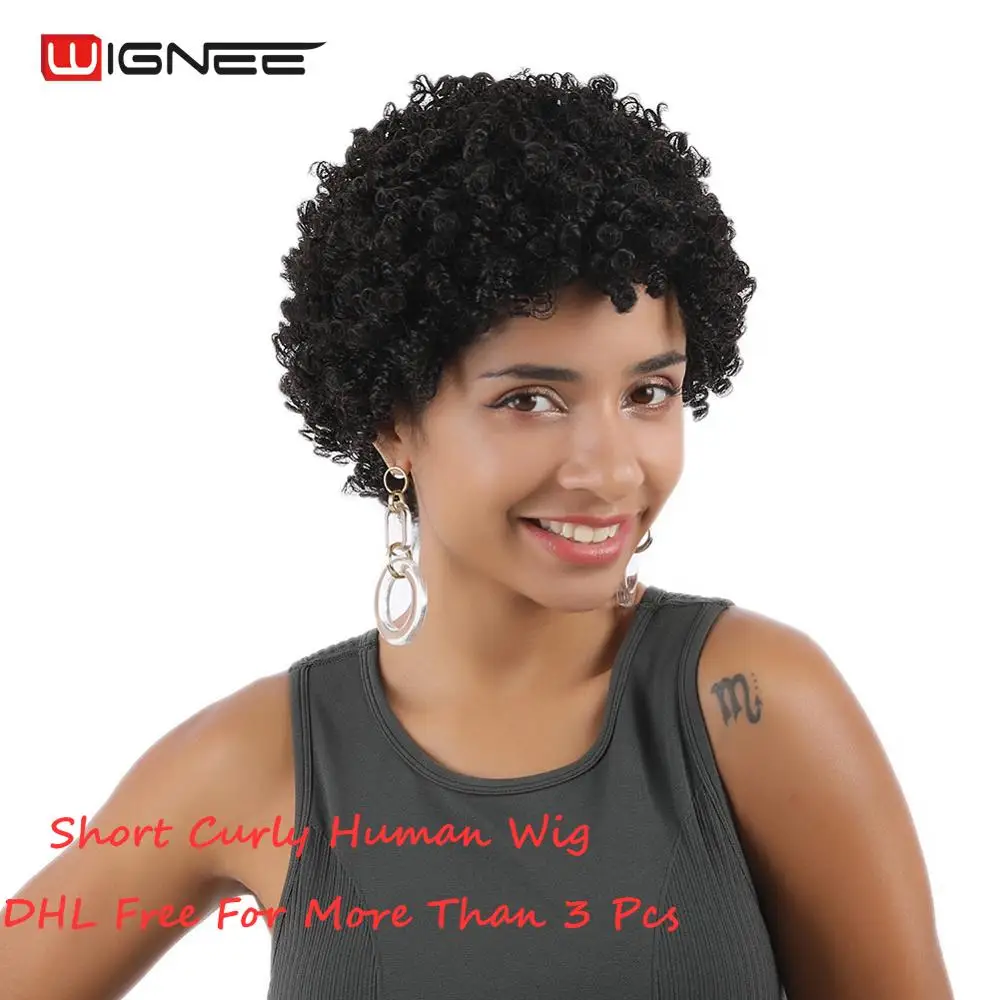 Wignee Short Afro Kinky Curly Human Hair Wigs For Black/White Women Remy Brazilian Glueless Curly Human Wig 2#/1#/99J/Brown Hair