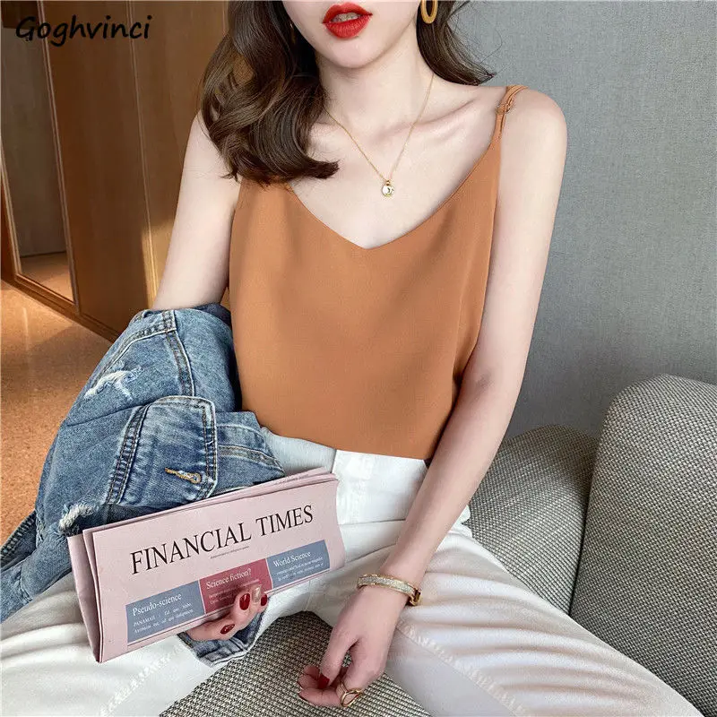 Camis Women V-neck Chiffon Adjustable Strap Solid Loose Simple Skin-friendly Soft Breathable Tank-tops Female All-match Korean