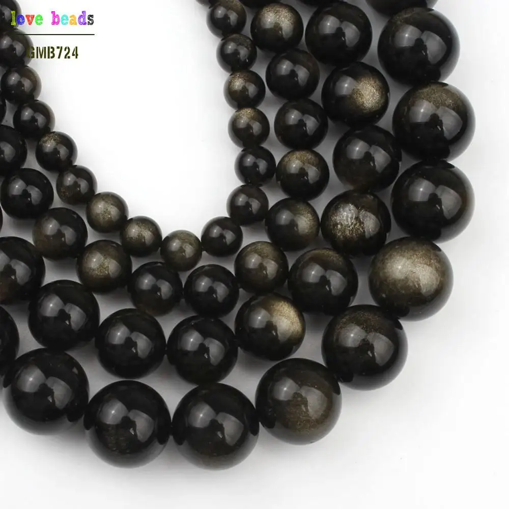 Natural Gold Color Obsidian Stone Loose DIY Beads for Jewellery Making 7.5 Inch Black Beads Bracelet DIY 6/8/10/12mm