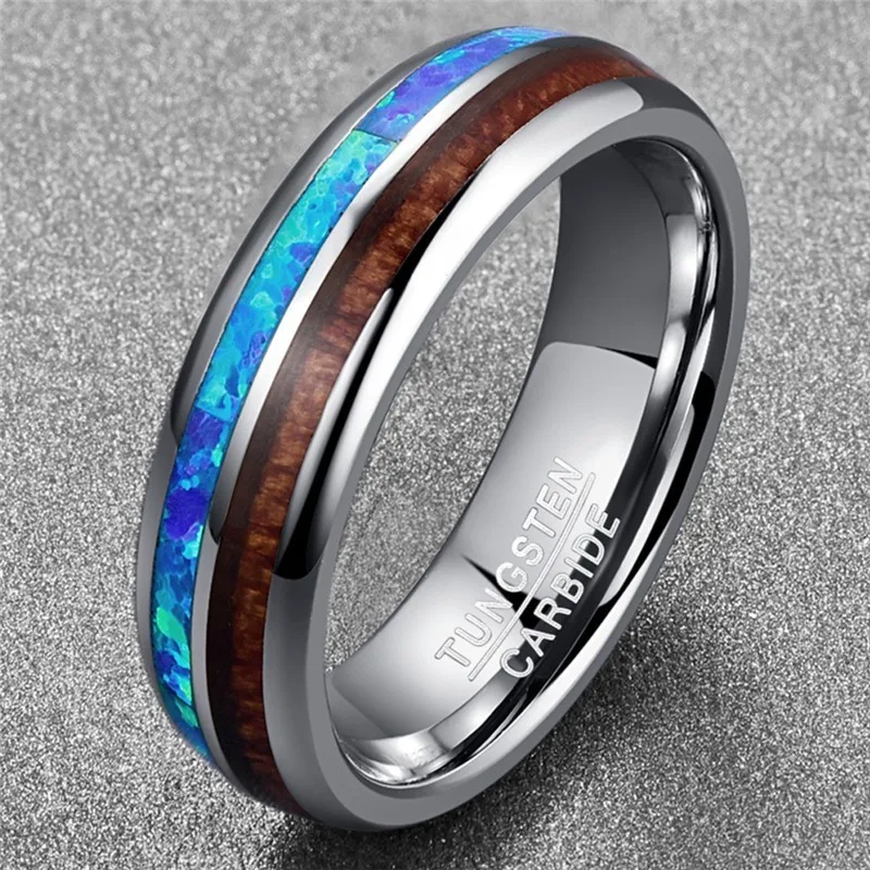 AAA Quality Vintage Men Ring Dome Polished Inlaid Blue Opal Acacia Wood Tungsten Steel Ring For Men Wedding Jewelry