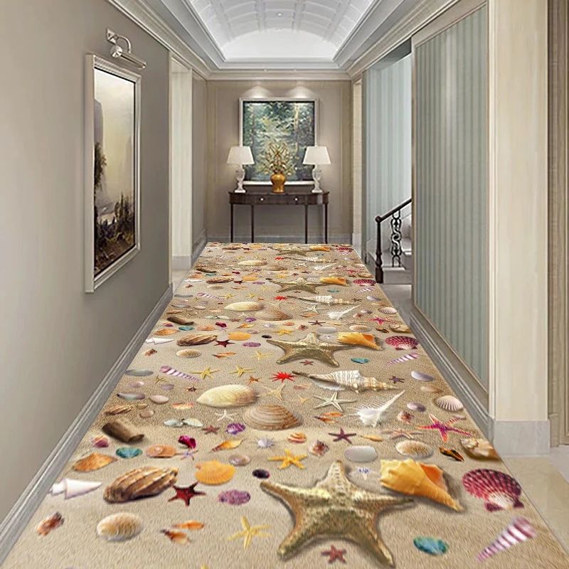 Beach Shells Print Living Room Area Rug Hallway Corridor 3D Carpet Cobbles Starfish Conch Kids Bedroom Rug Kitchen Mat Doormat