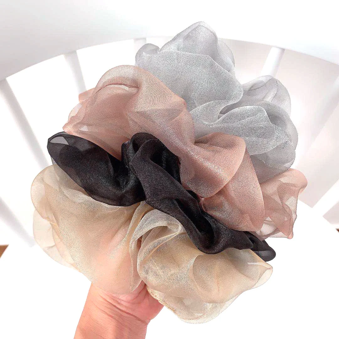 Korean Oversized Premium Shiny Organza Hair Scrunchies Statement Solid Transparent Hair Band Women Fashion Hair Rope Headdress