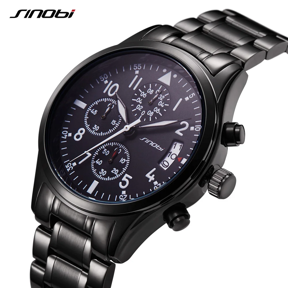 SINOBI Luxury Men Waterproof Stainless Steel Pilot Wrist Watches Chronograph Date Sport Diver Luminous Quartz Watch Montre Homme