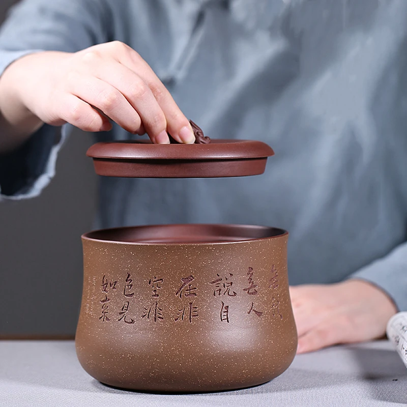 

Boutique Tea Canister Traditional Craft Hand Carved Chinese Character Jar Sealed With Lid True Yixing Zisha Holder For Loose tea