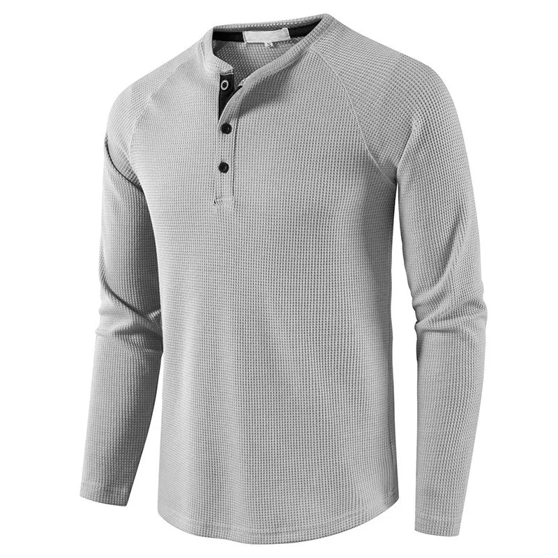 New Henley Collar Tshirt Men Long Sleeve Slim Fit Solid Color Spring Autumn Casual Tops Tees Mens Cotton Full T Shirts Man