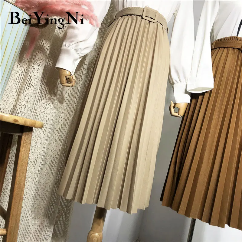 Beiyingni Women's Skirt Belt Casual Fashion Midi Long Pleated Skirts Ladies High Waist Retro Spring Summer Faldas Female 2023