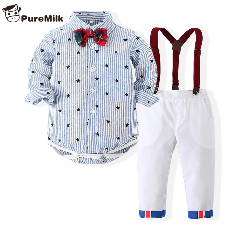 

PureMilk Striped Tshirts With Pants Straps And Bow 4PCS Set Boys Clothes Fashion Kids Clothing Set