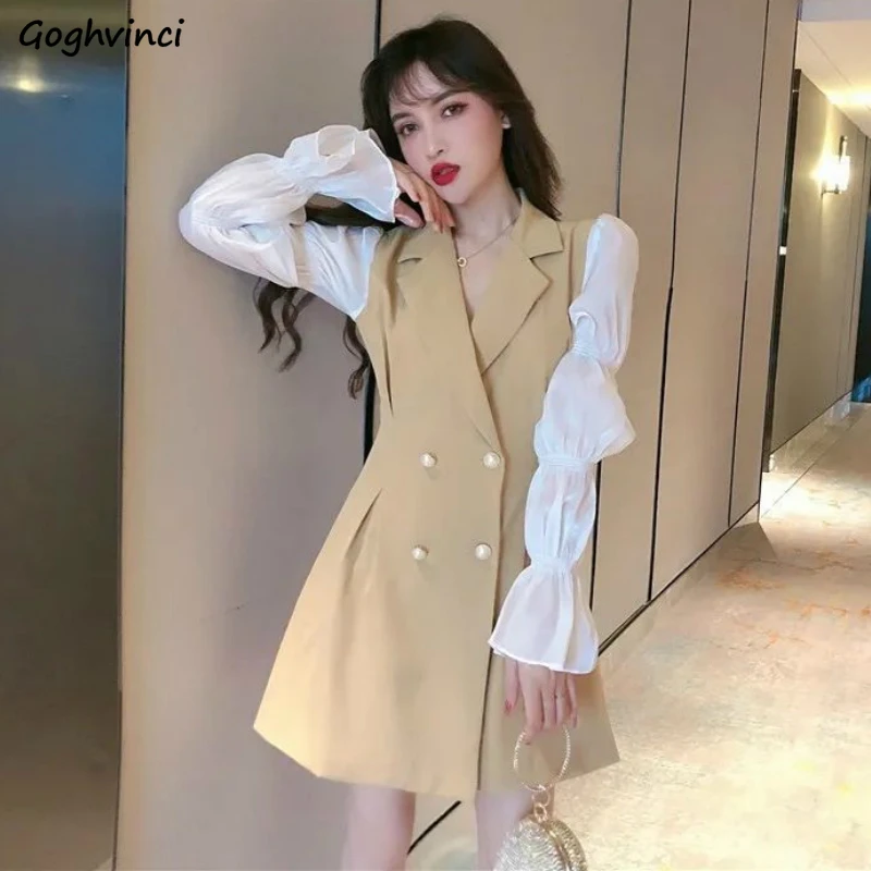 Long Puff Sleeve Dress Women Notched Office Ladies Elegant Patchwork Casual Ins Streetwear Double Breasted Fashion New Ulzzang