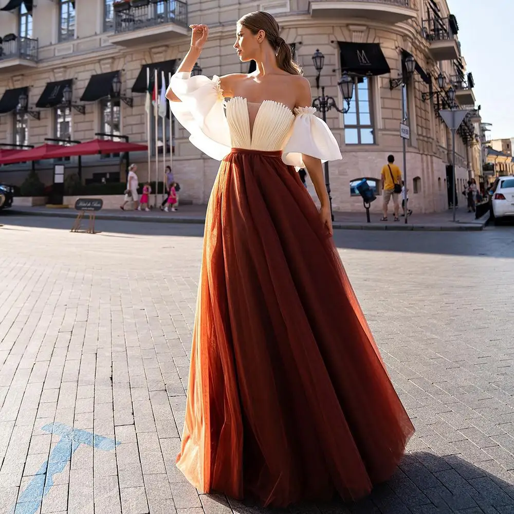 

Elegant Satin And Tulle Evening Dress V-Neck Puffy Sleeves Pleats Lace Up Corset Prom Formal Gown Arabic Dubai Celebrity Wear