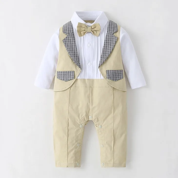 New Spring Arrival Gentlemen with Detachable Bowtie Long Sleeves Baby Boy's Jumpsuits/Kids Romper/Flower Boy Suit 3257