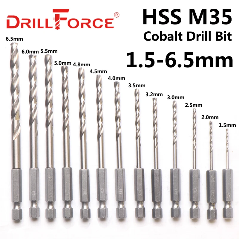 13 sztuk 1.5-6.5mm M35 wiertło kobaltowe HSSCO zestaw wierteł spiralnych 1/4 "Cal uchwyt sześciokątny (1.5/2/2.5/3/3.2/3.5/4/4.5/4.8/5/5.5/6/6.5mm)