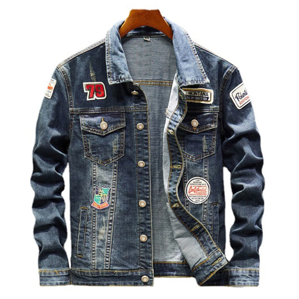 Men\'s Badge Patches Blue Stretch Denim Jacket Streetwear Patchwork Jean Coat Ripped Outerwear