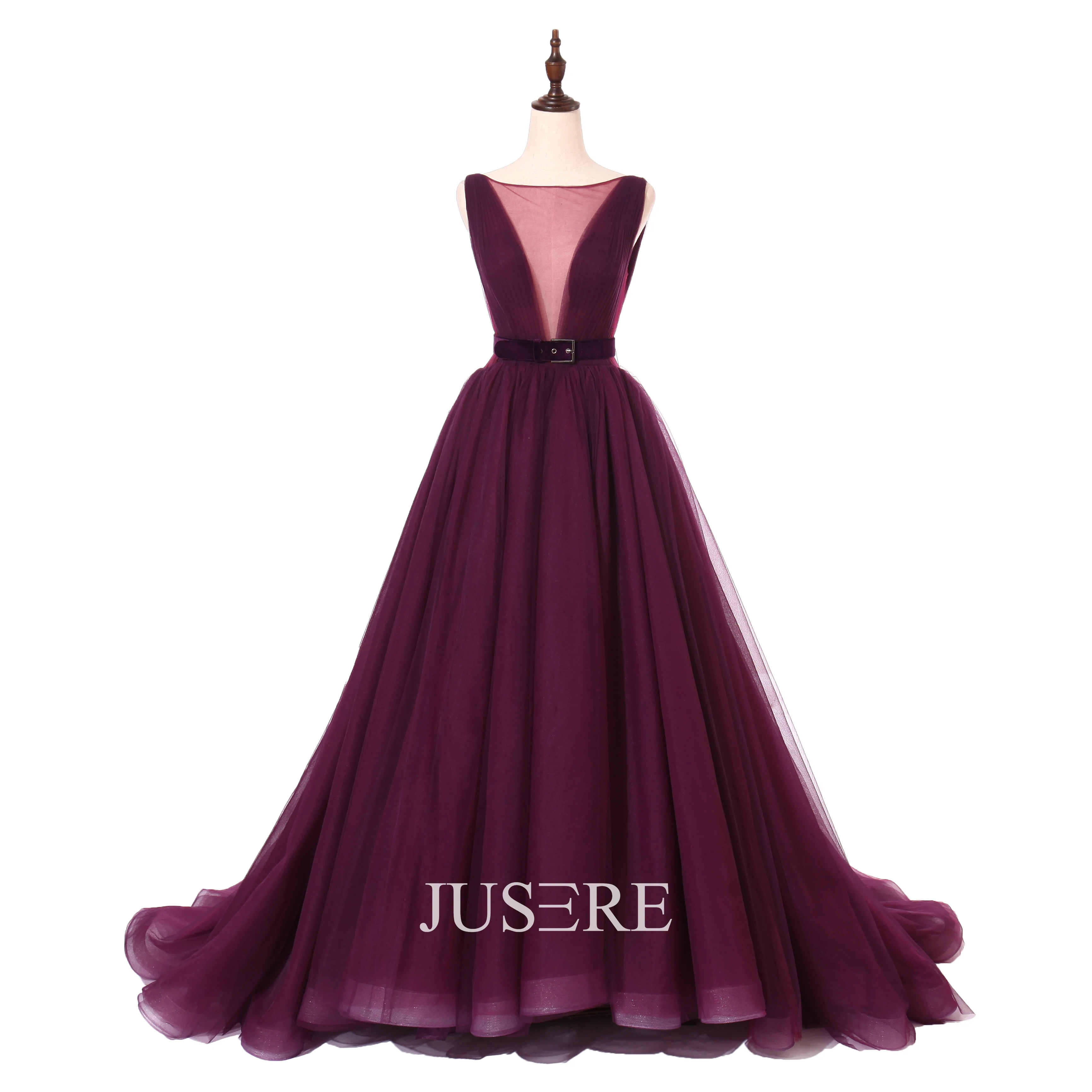 Jusere Red ball gown Plain tulle evening dress sleeveless Prom Dresses Evening Backless Party Gown