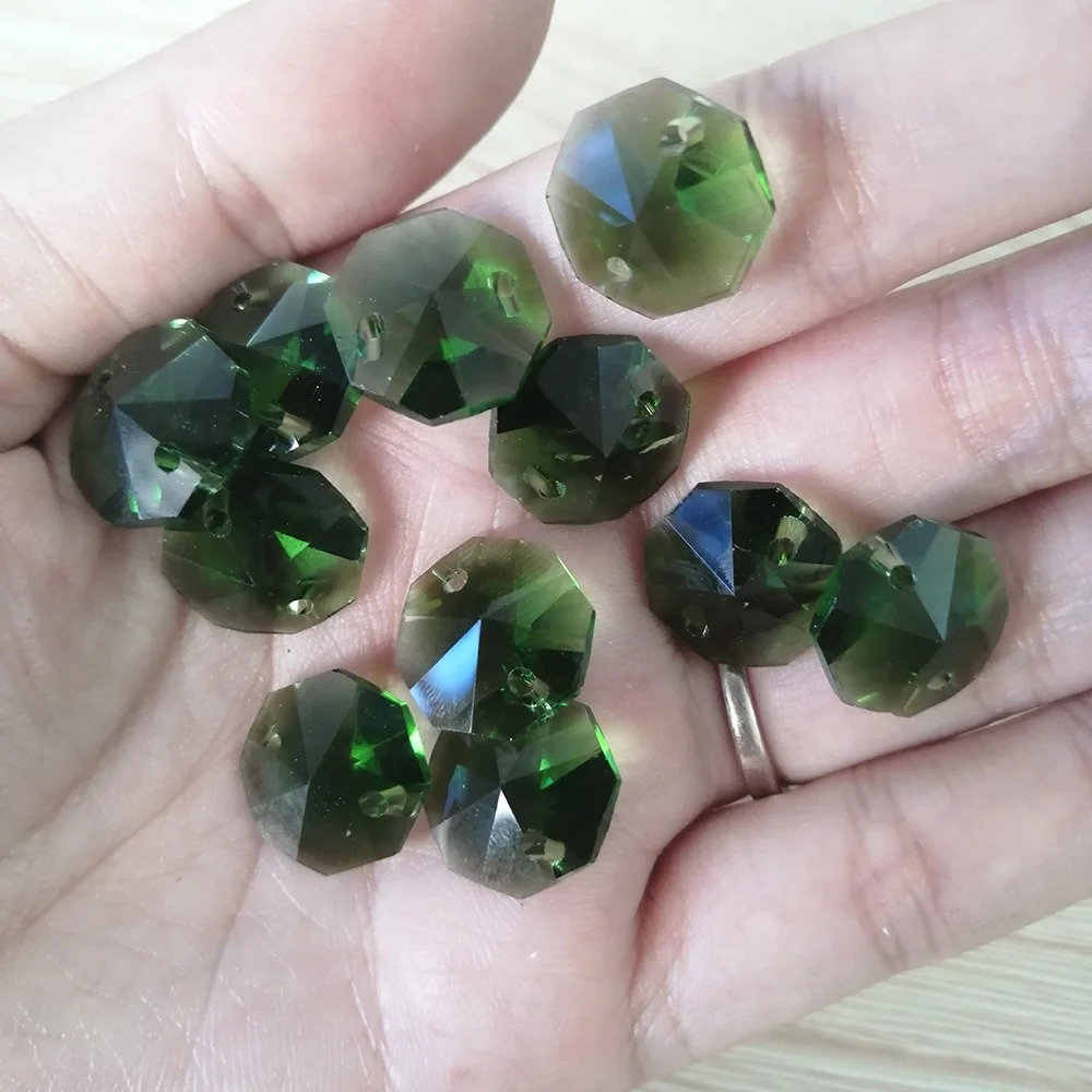 Camal 20pcs Grass Green 14mm Crystal Octagonal Loose Bead Two Holes Prisms Chandelier Lamp Parts Wedding Centerpiece Hanging