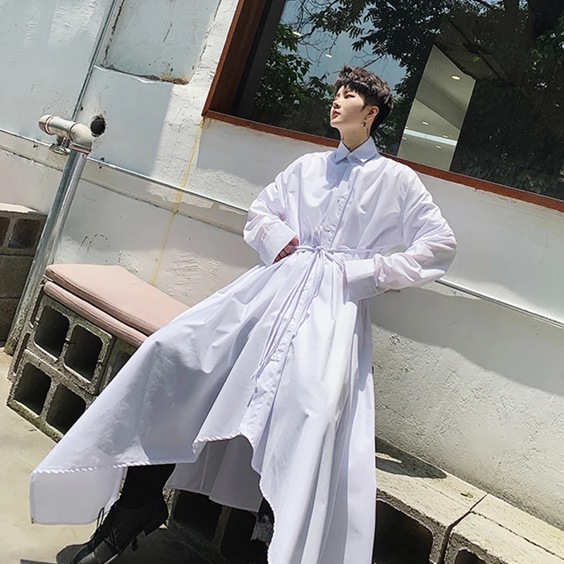 Men Long Sleeve Black White Irregular Rope Shirt Dress Male Women Streetwear Vintage Gothic Long Style Japan Kimono Robe Shirt