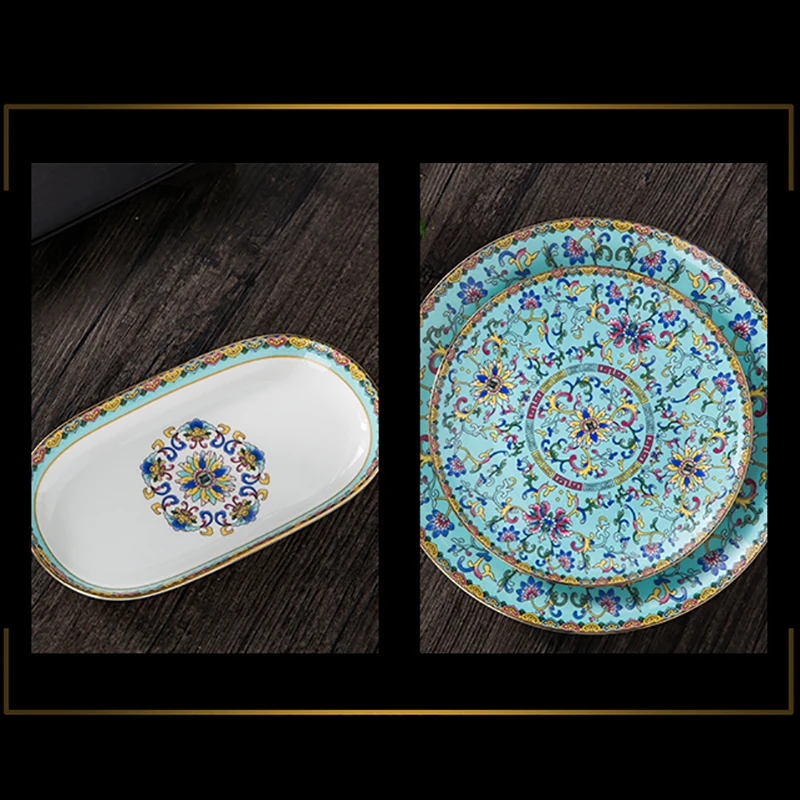 9pcs/lot Jingdezhen Color Enamel Bone china Tableware Set Chinese Ceramic Bowl Dishes Spoon Dinner Plate Chopstick Holder Teacup