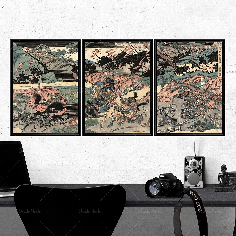 Samurai Triptych Battle Scene Vintage Japanese Prints Japanese Warriors Battle Posters Japanese Warriors Posters Ukiyo-e Prints