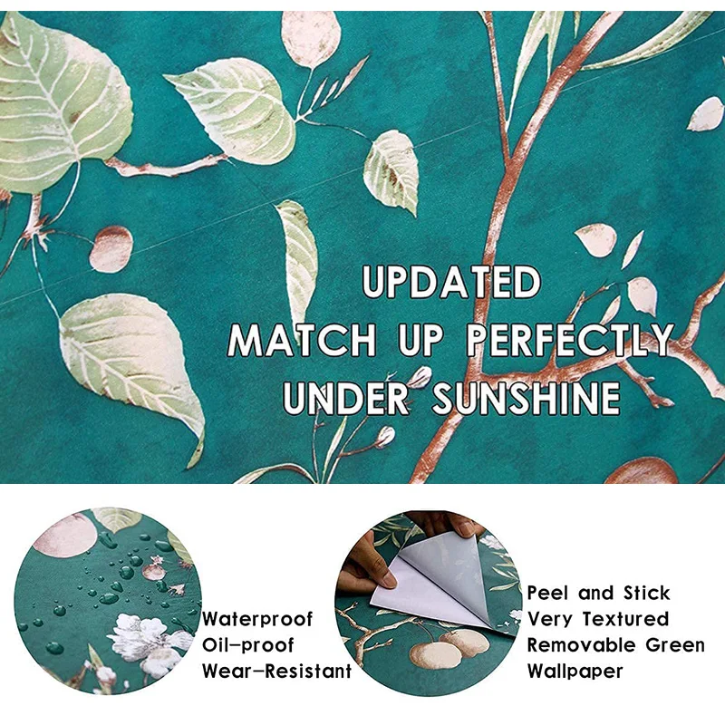Green Floral Peel and Stick Wallpaper Vintage Floral Vinyl Stickers Flower&Bird Waterproof Self Adhesive Drawer Liner Decorative
