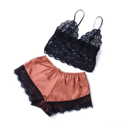 Pijamas sem mangas sexy com decote em v para mulheres, roupas íntimas de seda, lingerie de cetim, pijama, tops, conjuntos de sutiã e shorts, 2 peças