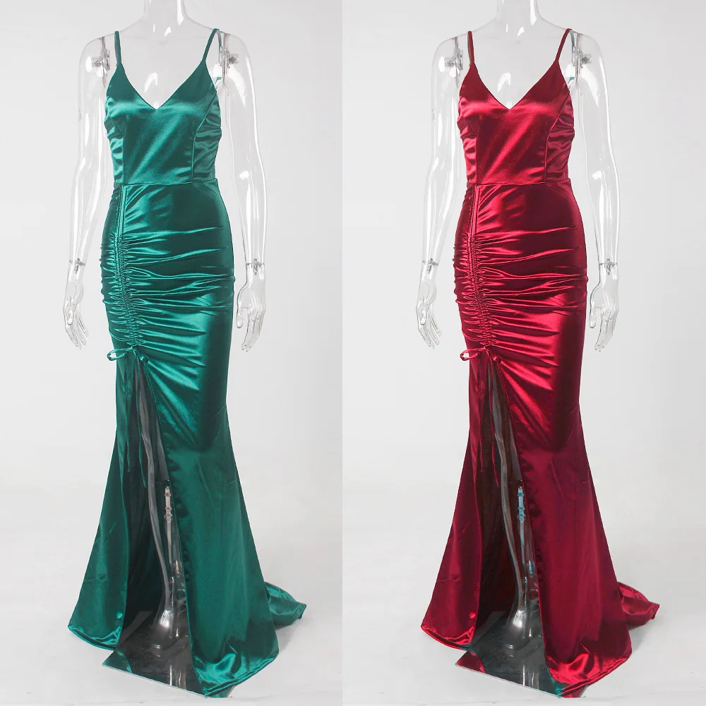 Green Satin Drawstring Split Leg V neck Backless Sleeveless Long Evening Party Dress Gown Prom Summer