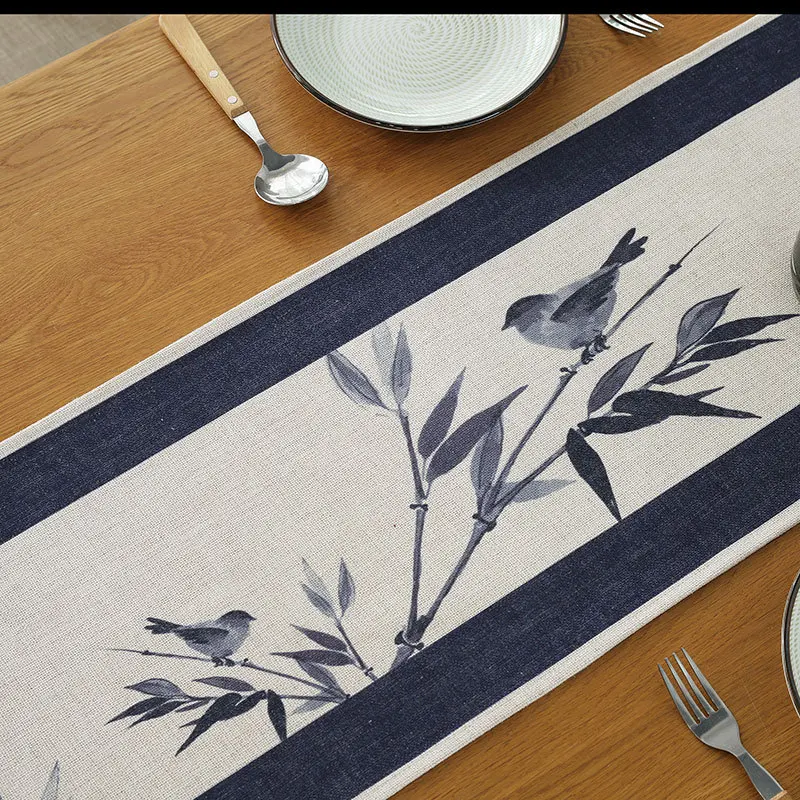 Bird Lovers Chinese Style Table Runner Leaves Printed Linen Table Cover Ding Table TV Cabinet Table Cover Kitchen Decoration