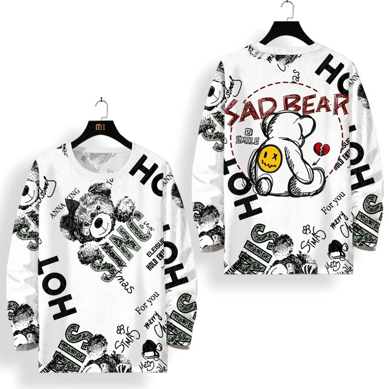 

New Men's Cartoon Bear Print Long-Sleeved T-Shirt Spring And Autumn Casual Fashion Round Neck Thin Bottoming Shirt White Autumn
