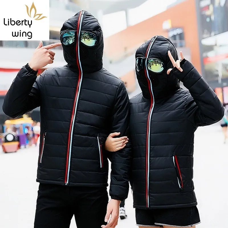 Personality Lovers Cosplay Mask Down Jacket Men Women Motorcycle Outerwear Clothes Hooded Parka Fashion Winter Casaco Masculino