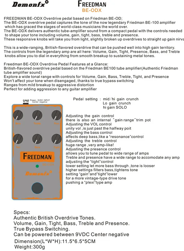 Demonfx AT-DS Freedman BE-ODX Guitar Effect Pedal Overdrive Distortion Delay CHorus AUTOWAH Pedal