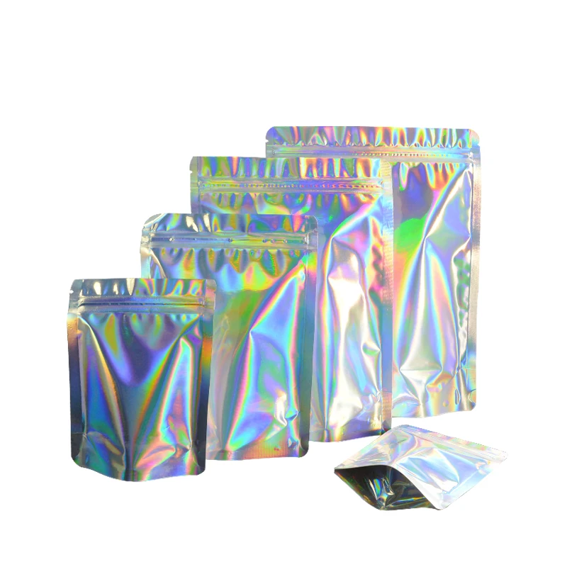 100 pcs Laser Aluminum Foil Resealable Value Pack Stand Up Zip Lock Bag hologram Self Seal Zipper Plastic Pouches Bag