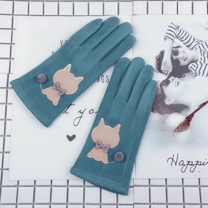 Women Winter Plus Velvet Thick Warm Suede Leather Touch Screen Mittens Female Lovely Cartoon Cat Bear Cycling Driving Gloves D92